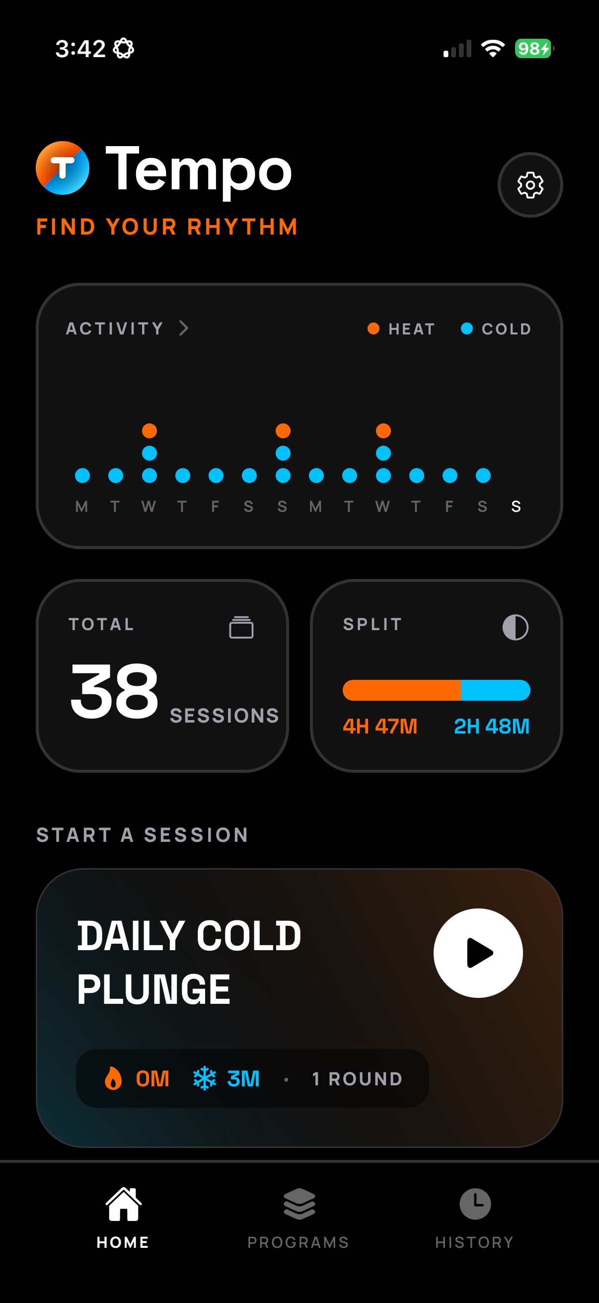 The Tempo dashboard showing weekly activity, total sessions, and a quick-start program